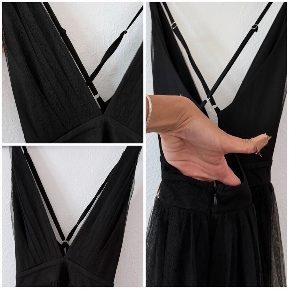Black Tulle Maxi Dress Plunge Halter Open Back Slit Prom Evening Luxxel S NWT - Picture 5 of 11